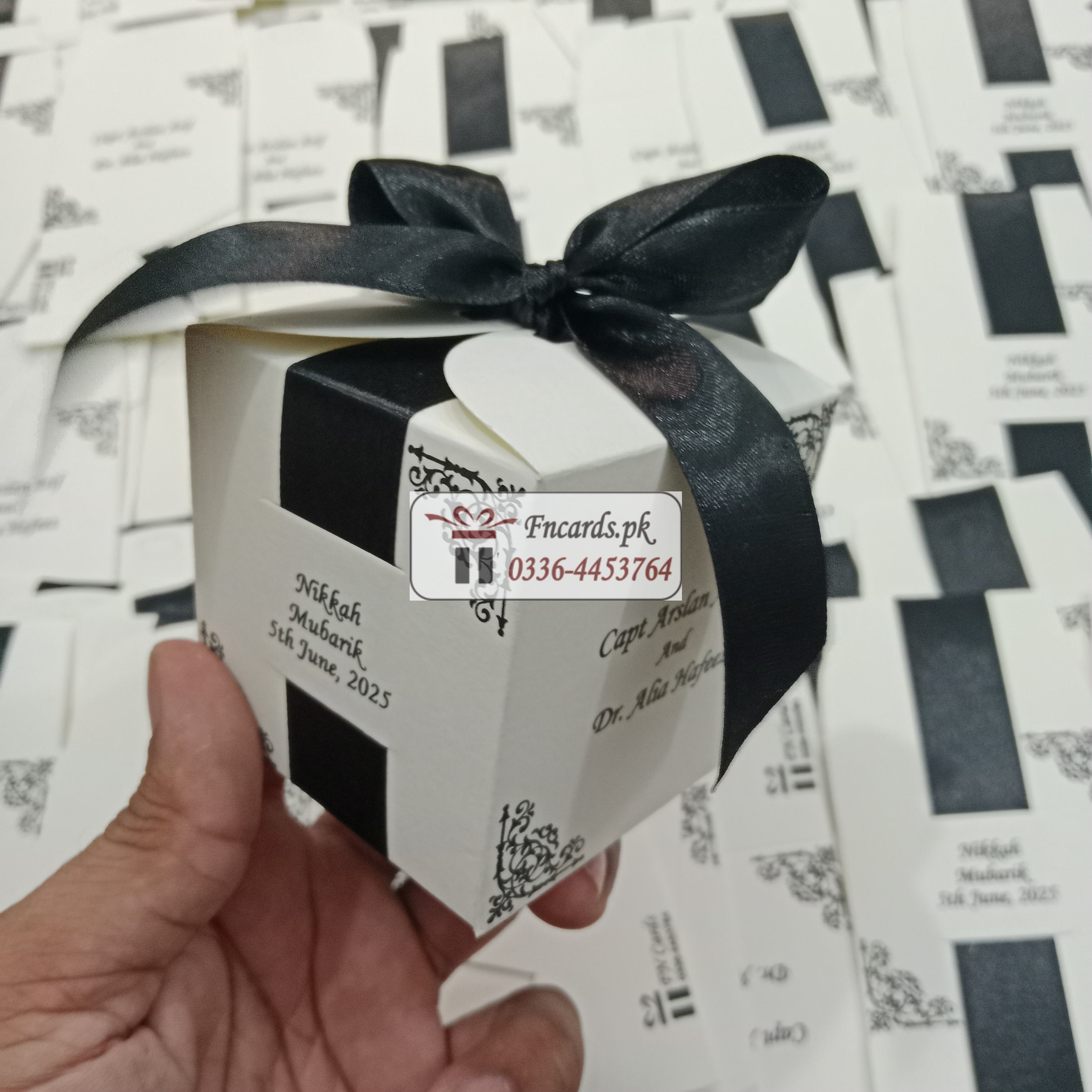 Square Shape Bid Boxes With Black Ribbon