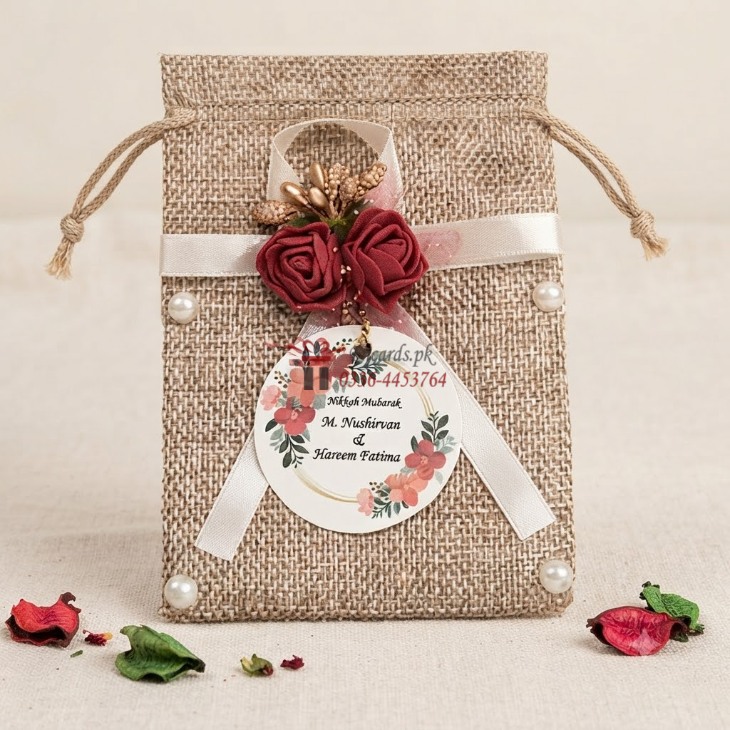 Pouch Bid Boxes With Ribbon And Mahroon Flowers