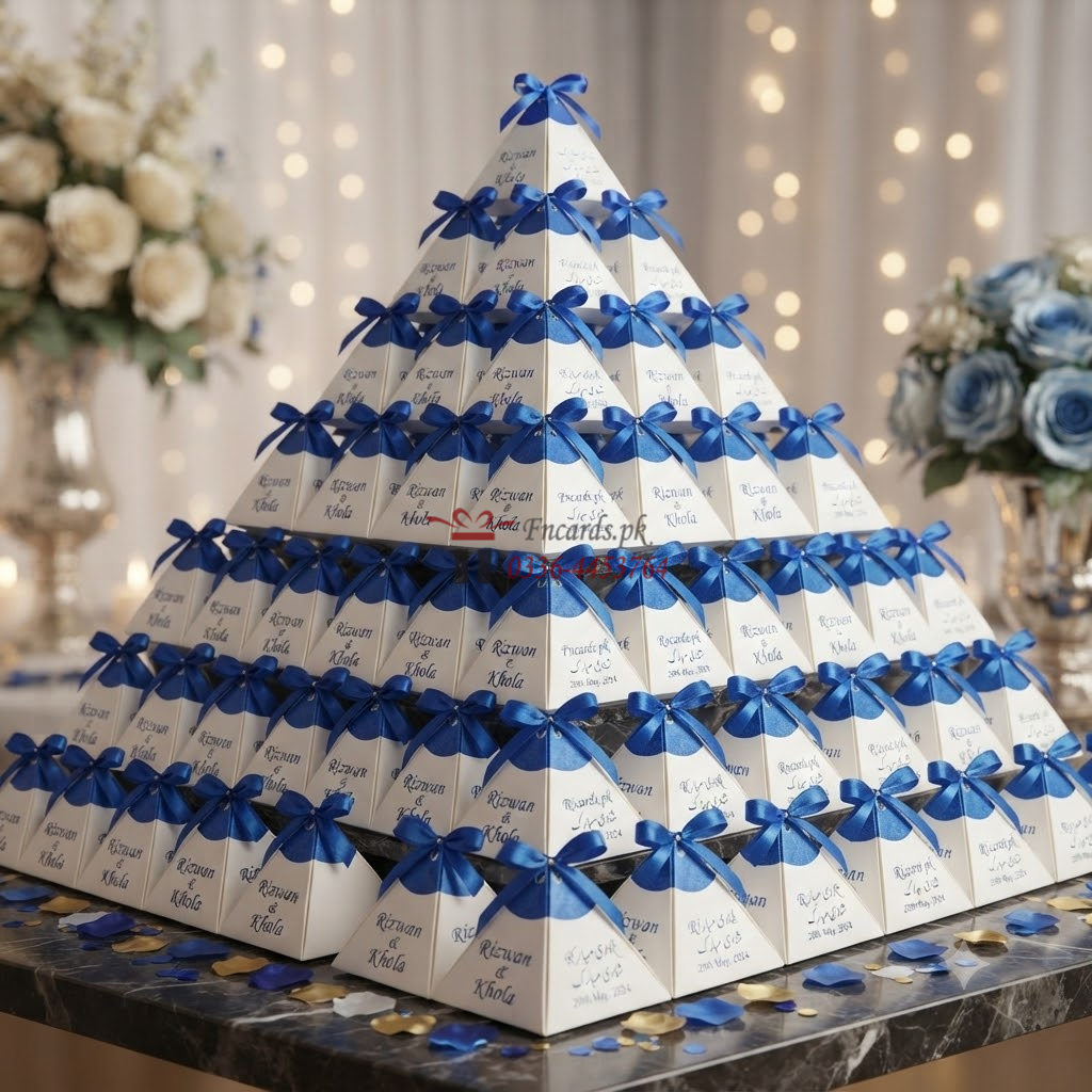 Triangle Bid Boxes OffWhite With Blue Printing