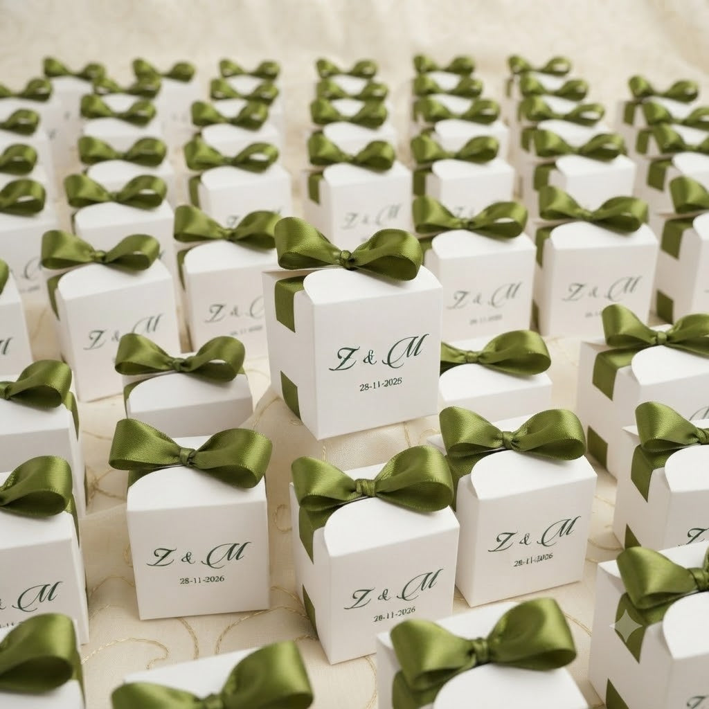 Square Shape  Bid Boxes With green Ribbon